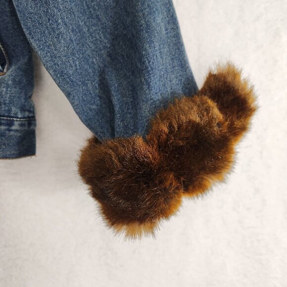 Jean Jacket With Faux Fur Brown Blue Large Vintage - Picture 6 of 9